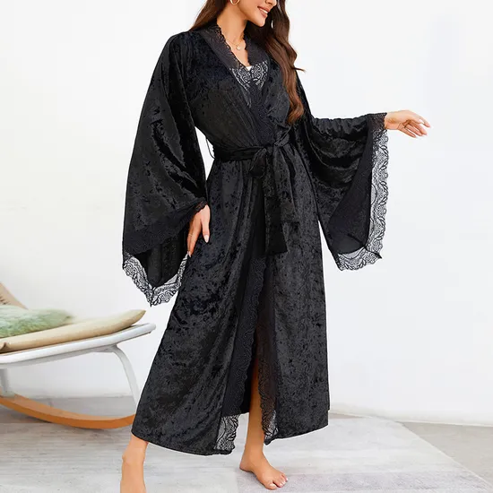 Sexy Luxury Sleepwear Nightwear Wholesale Velvet Lace Long Sleeve Woman Bath Robe