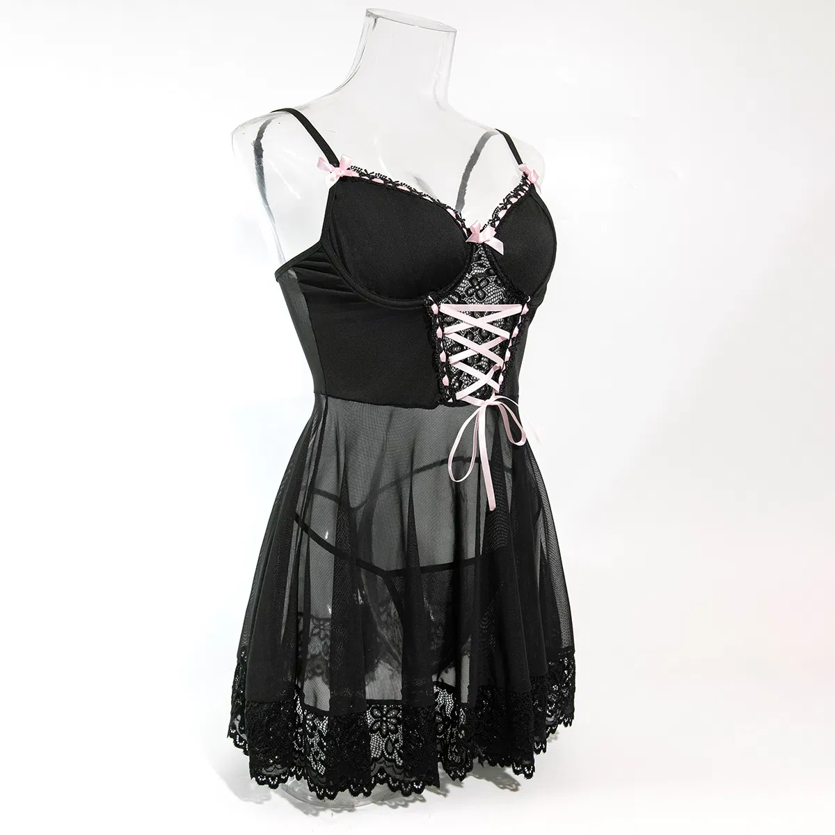 Sexy Bow Mesh See-Through Dress Underwear Set Hot Women Two-Piece Lingerie
