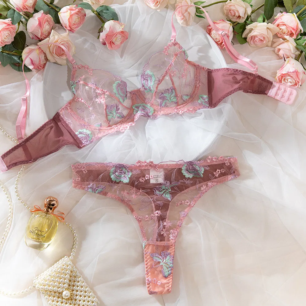 New Design Ultra-Thin Floral Embroidery Underwear Set Sexy Woman 2 Piece Lingerie