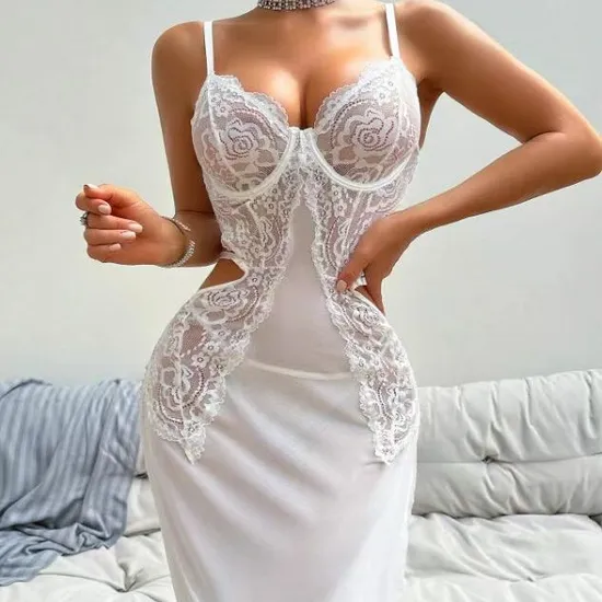 Sexy See-Through Mesh Woman Bra Panty Set Hot Selling Long Skirt Lingerie