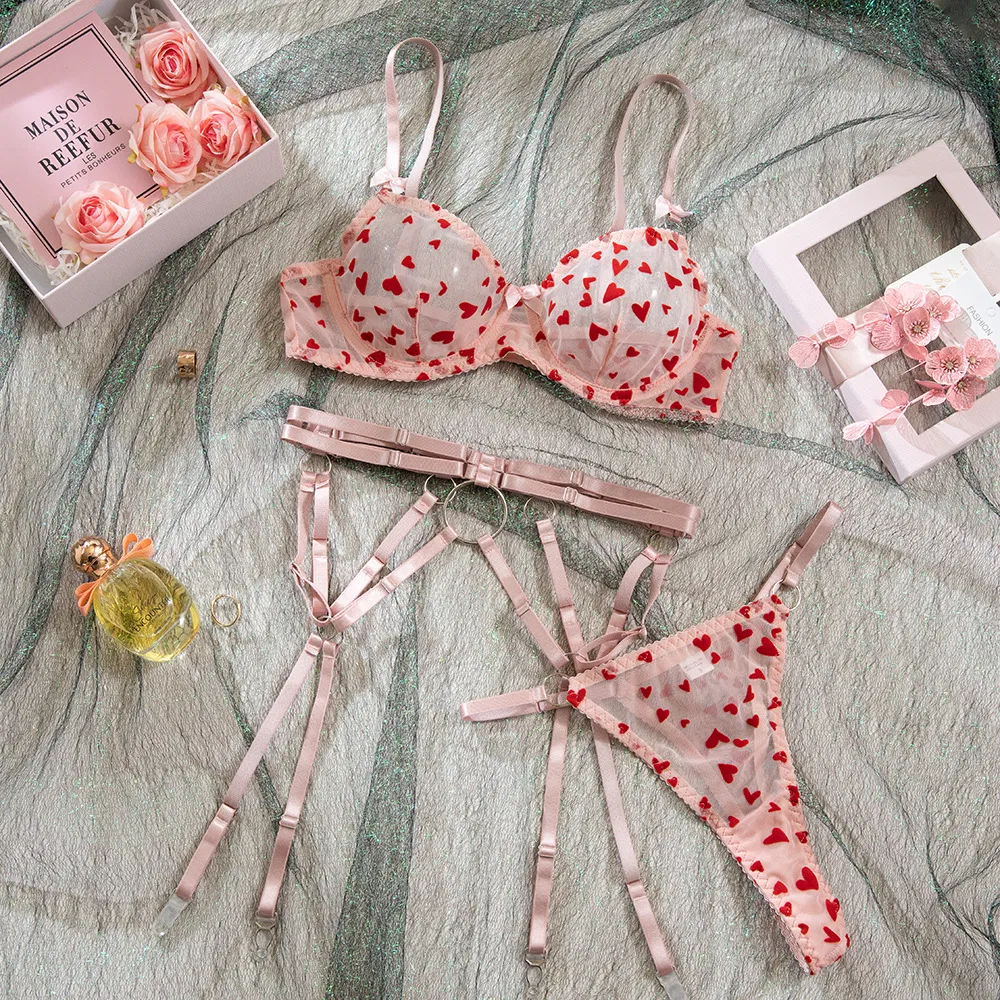 Sexy See-Through Women Bra Set with Embroidery New Red Heart Pattern Lingerie Set