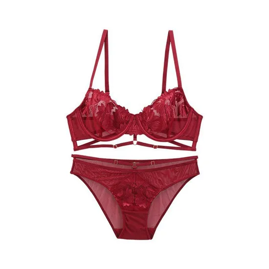 New Style French Romantic for Women Soft Embroidery Lace Trim Sexy Breathable Ultra-Thin Bra Underwear Set Lingerie