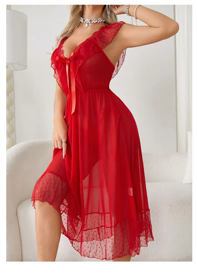 Sexy Polka DOT Suspender Mesh Skirt Sleepwear New Woman Lace Lingerie Nightwear