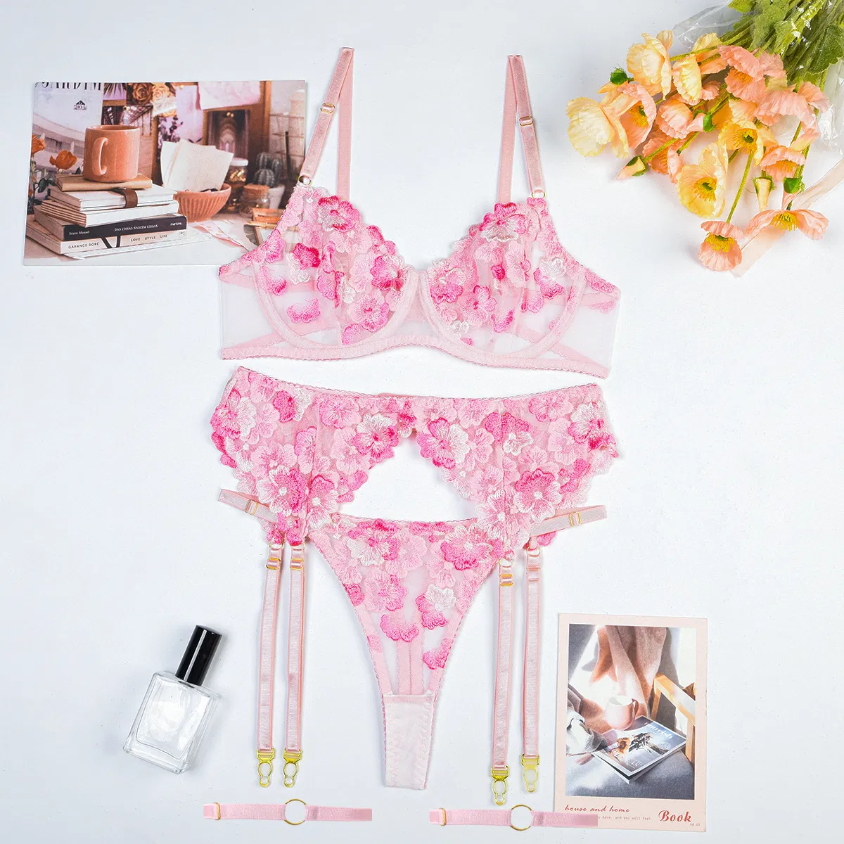 Wholesale Ultra-Thin Flower Embroidery Lace Underwear Set Sexy See-Through Mesh Woman Lingerie