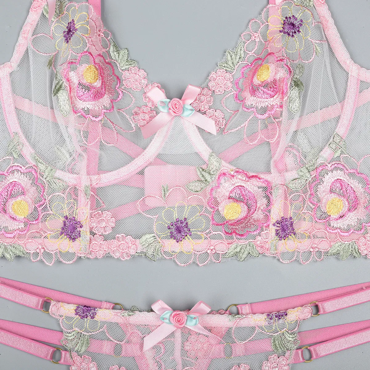 Wholesale Floral Embroidery See-Throug Underwear Set for Woman Sexy Fishbone Lingerie