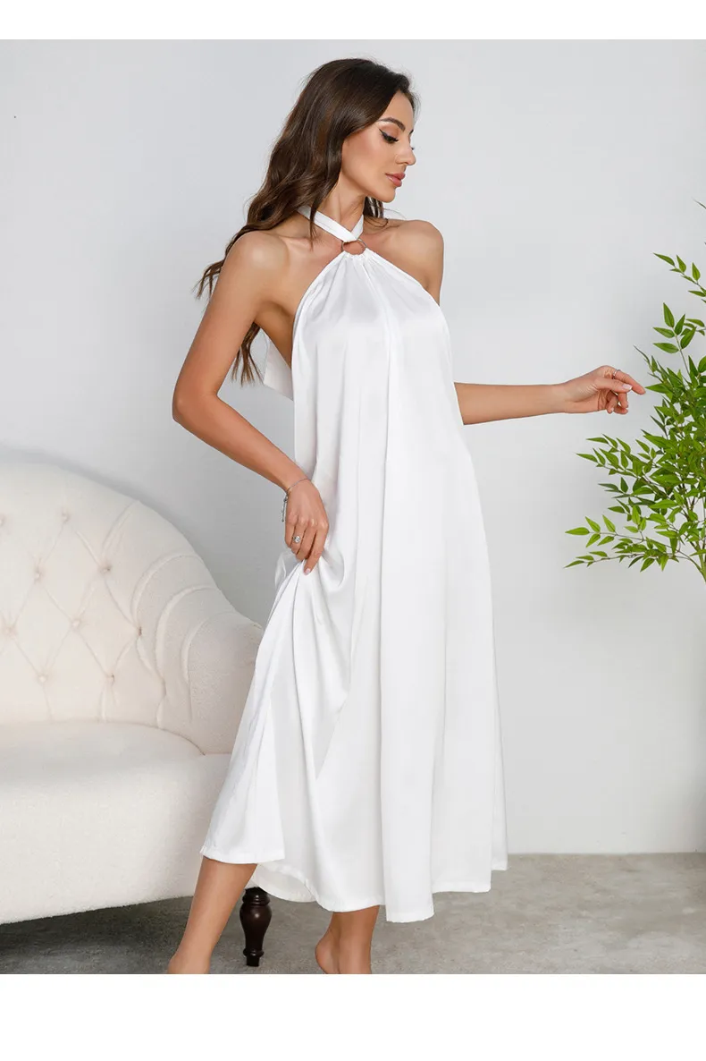 Wholesale Hanging Neck Backless Women's Nightwear Sexy Solid Color Satin Sleepwear