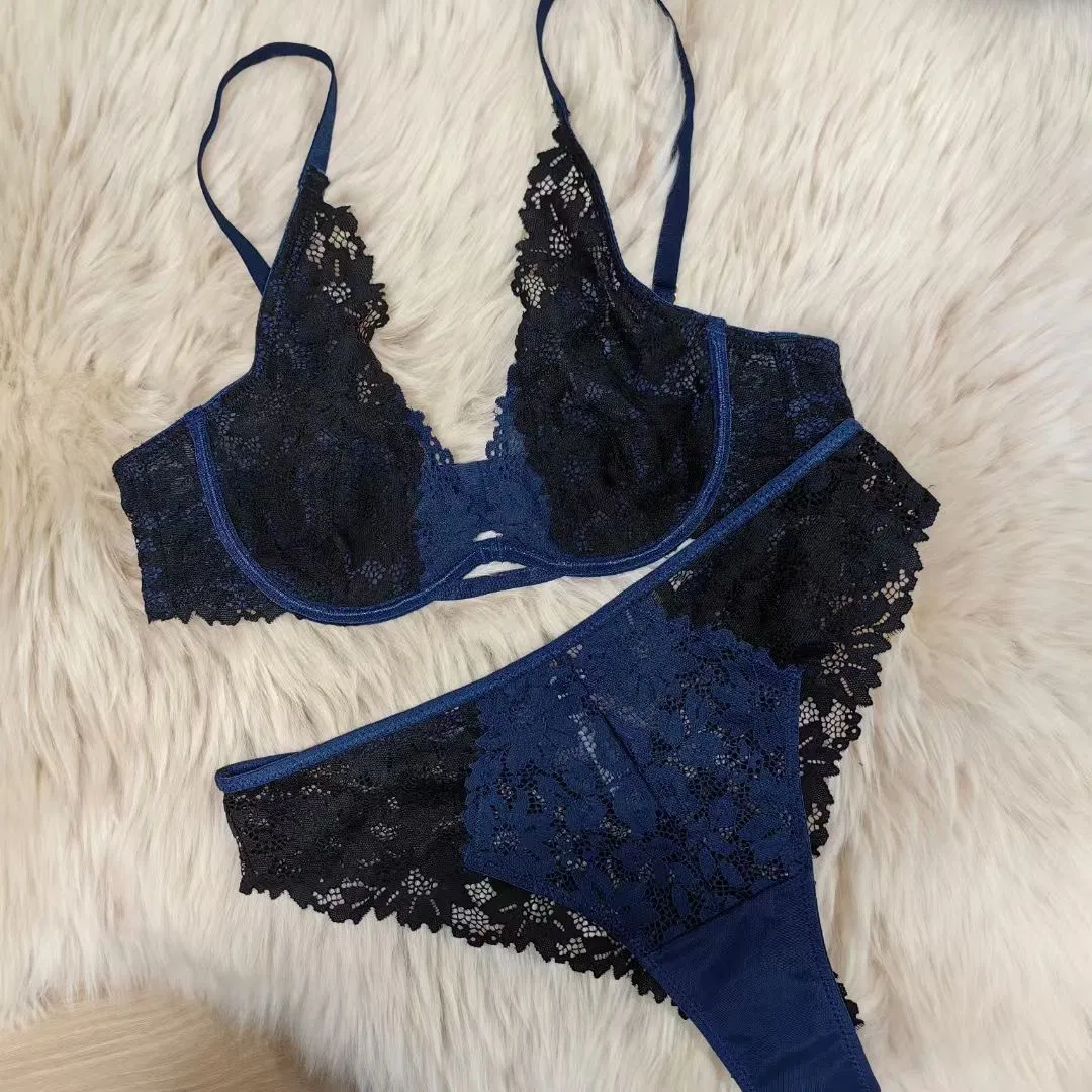 Wholesale French See-Through Lace Breathable Deep V Ultra-Thin for Women Soft Sexy Bra Set Underwear Lingerie