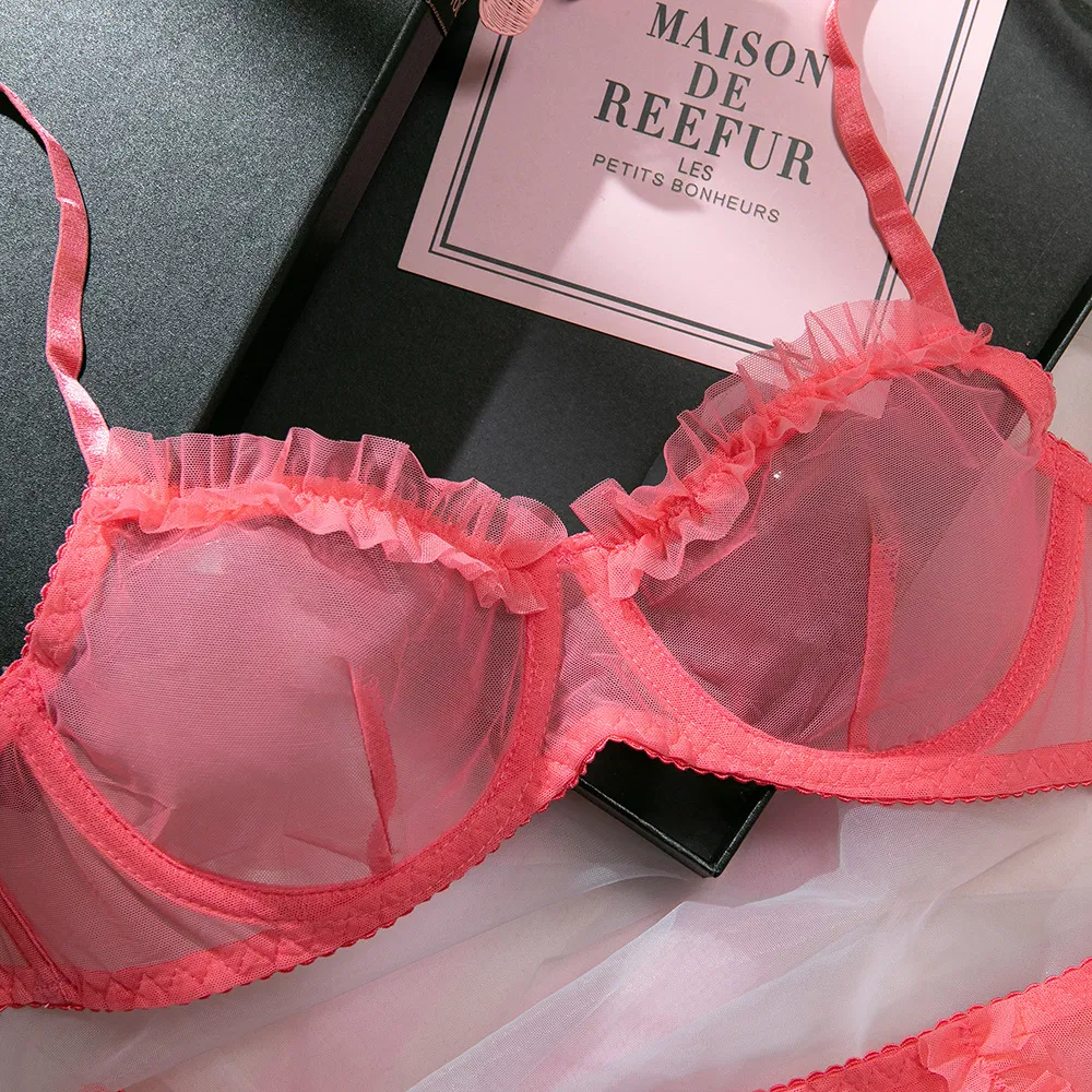 Sexy Perspective Mesh Ruffled Lace Woman Bra Set Hot Sale Solid Color 2 Pieces Lingerie