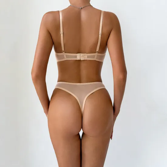 Sexy Perspective Mesh Ruffled Lace Woman Bra Set Hot Sale Solid Color 2 Pieces Lingerie