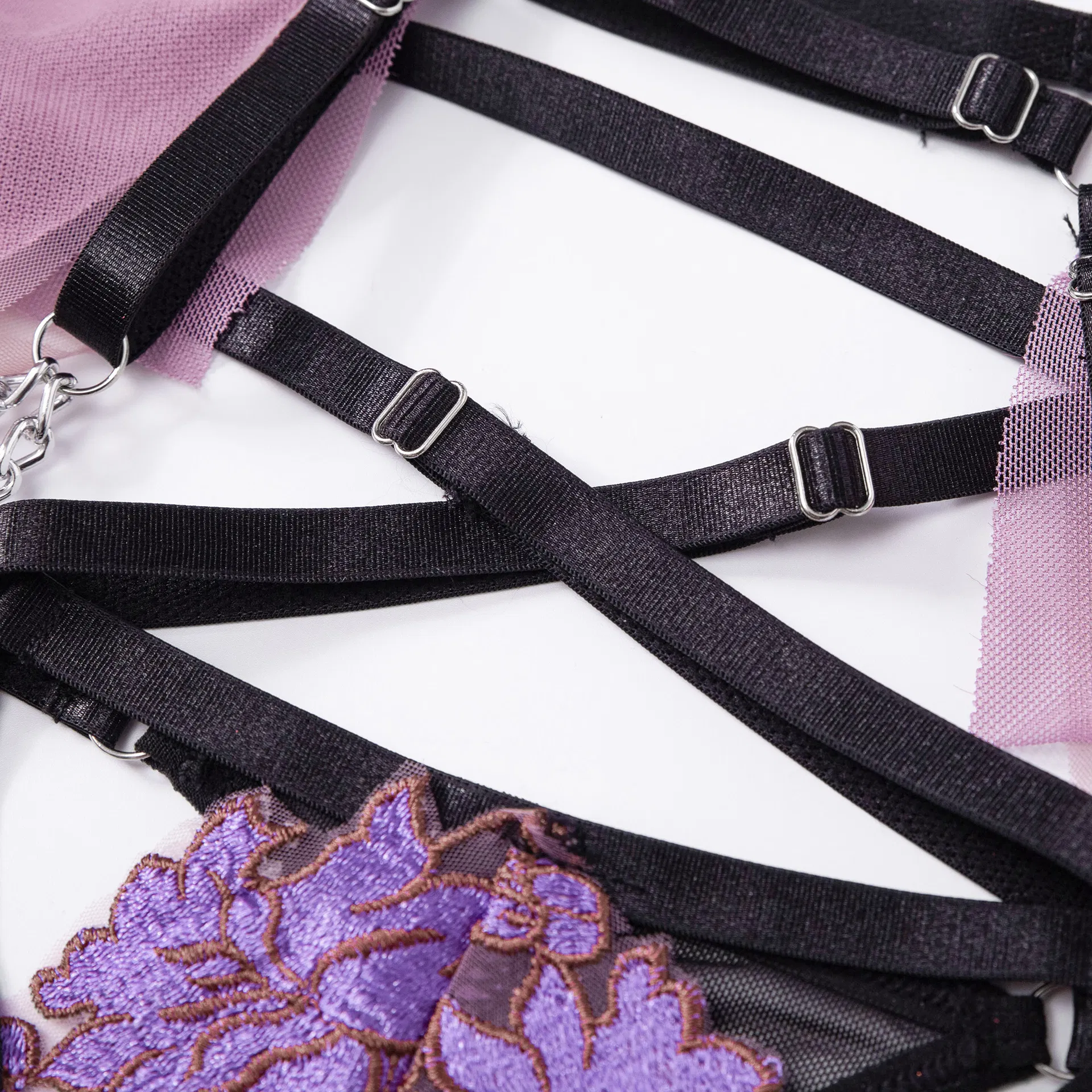 Sexy Floral Embroidery See Through Bra Panty Set Wholesale Luxury Chain Women Lingerie