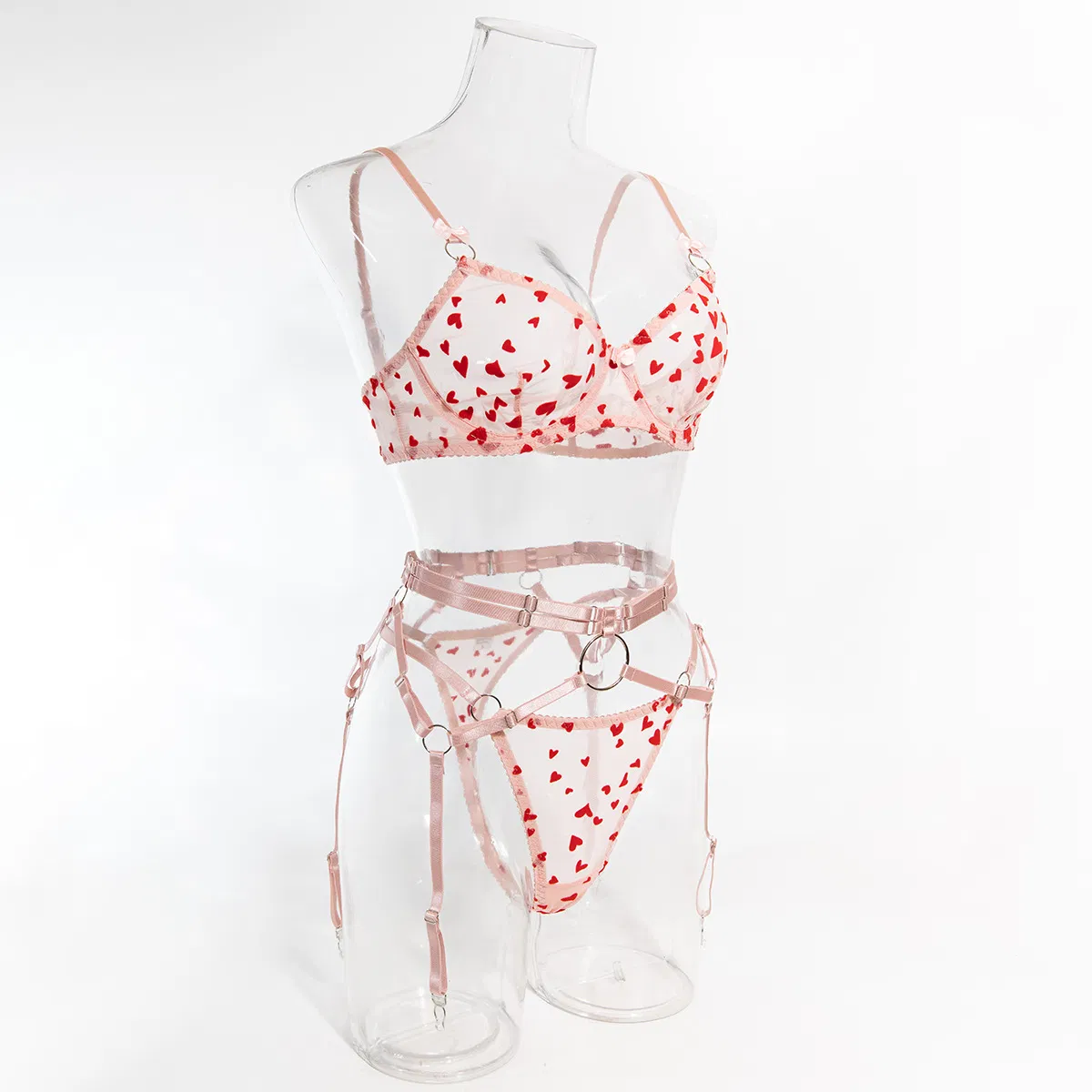 Sexy See-Through Women Bra Set with Embroidery New Red Heart Pattern Lingerie Set