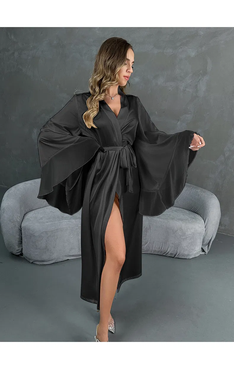Wholesale Satin Long Sleeve Ruffled Chiffon Patchwork Sleepwear Sexy Women's Robe