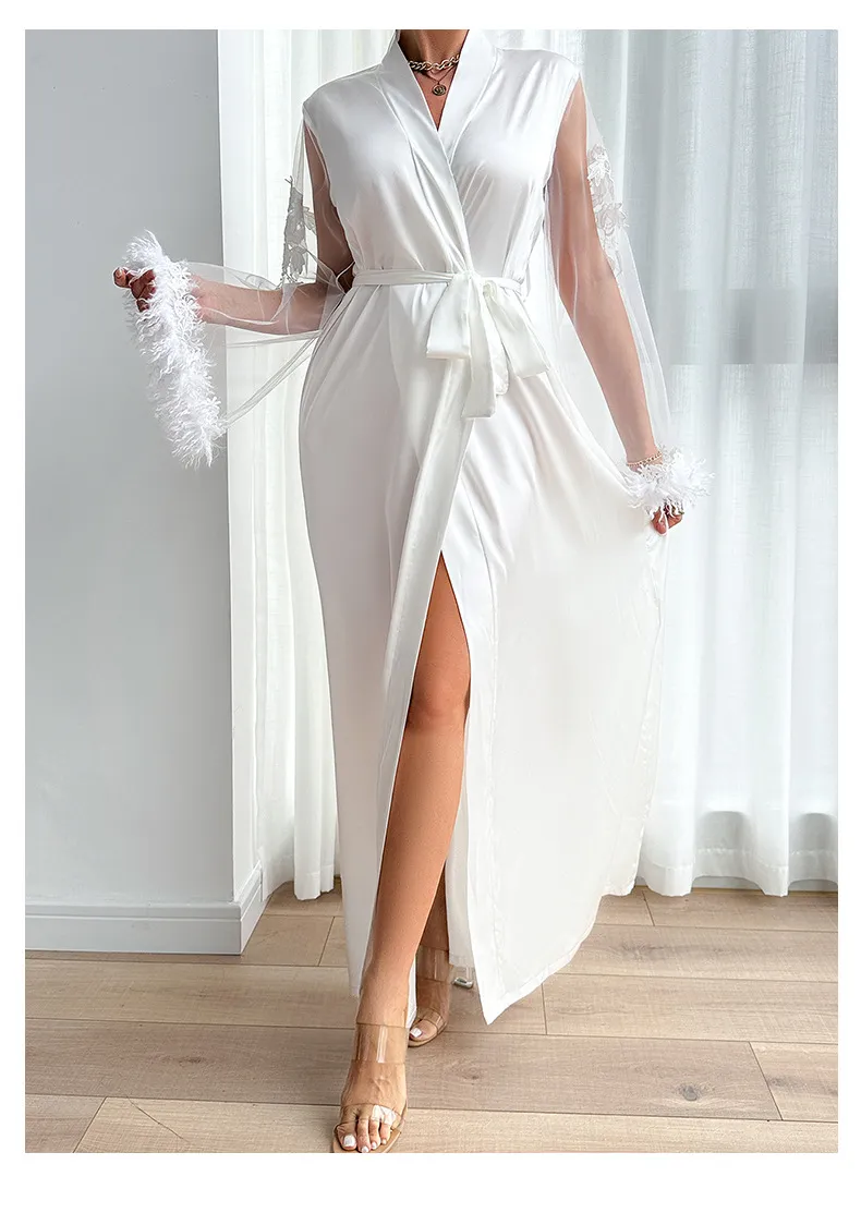 Wholesale Satin Woman Sleepwear Sexy See-Through Mesh Feather Lace Cuff Robe