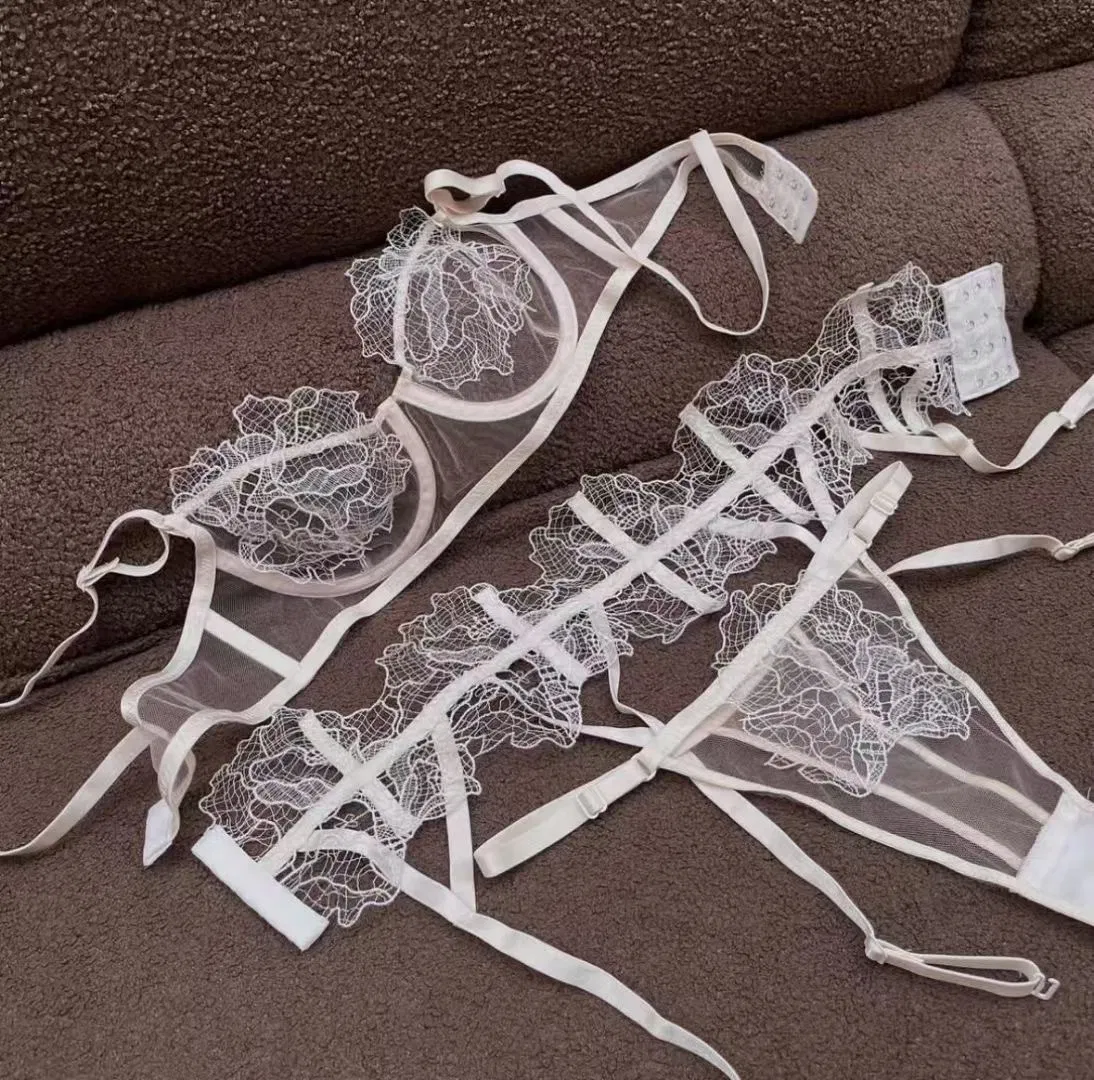 See-Through Embroidered Sock Strap Three-Piece Set Lace Trim Breathable Ultra-Thin for Women Sexy Bra Underwear Lingerie