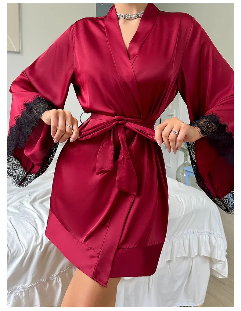 Wholesale V-Neck Satin Woman Lace Nightwear Sleepwear Sexy High-Quality Solid Color Robe