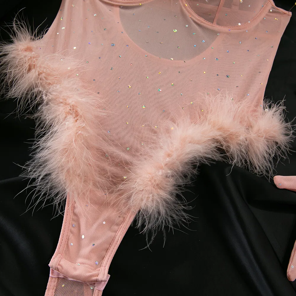 New Arrival Rhinestone Sparkling See-Through Mesh Underwear Set Sexy Feather Patchwork Lingerie