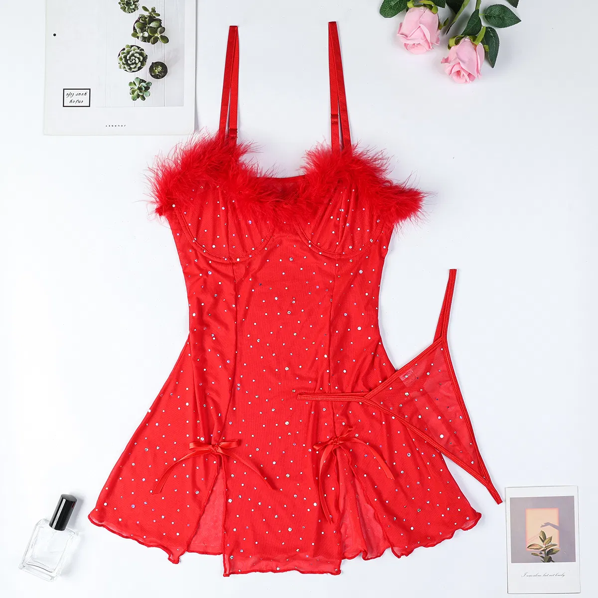 Sexy Elastic See-Through Mesh Bra Set New Rhinestone Sparkling Feather Two-Piece Woman Lingerie