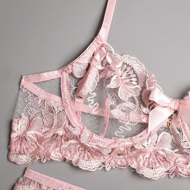 New Design Flower Embroidery See-Through Bra Set Sexy Woman 3 PCS Lingerie