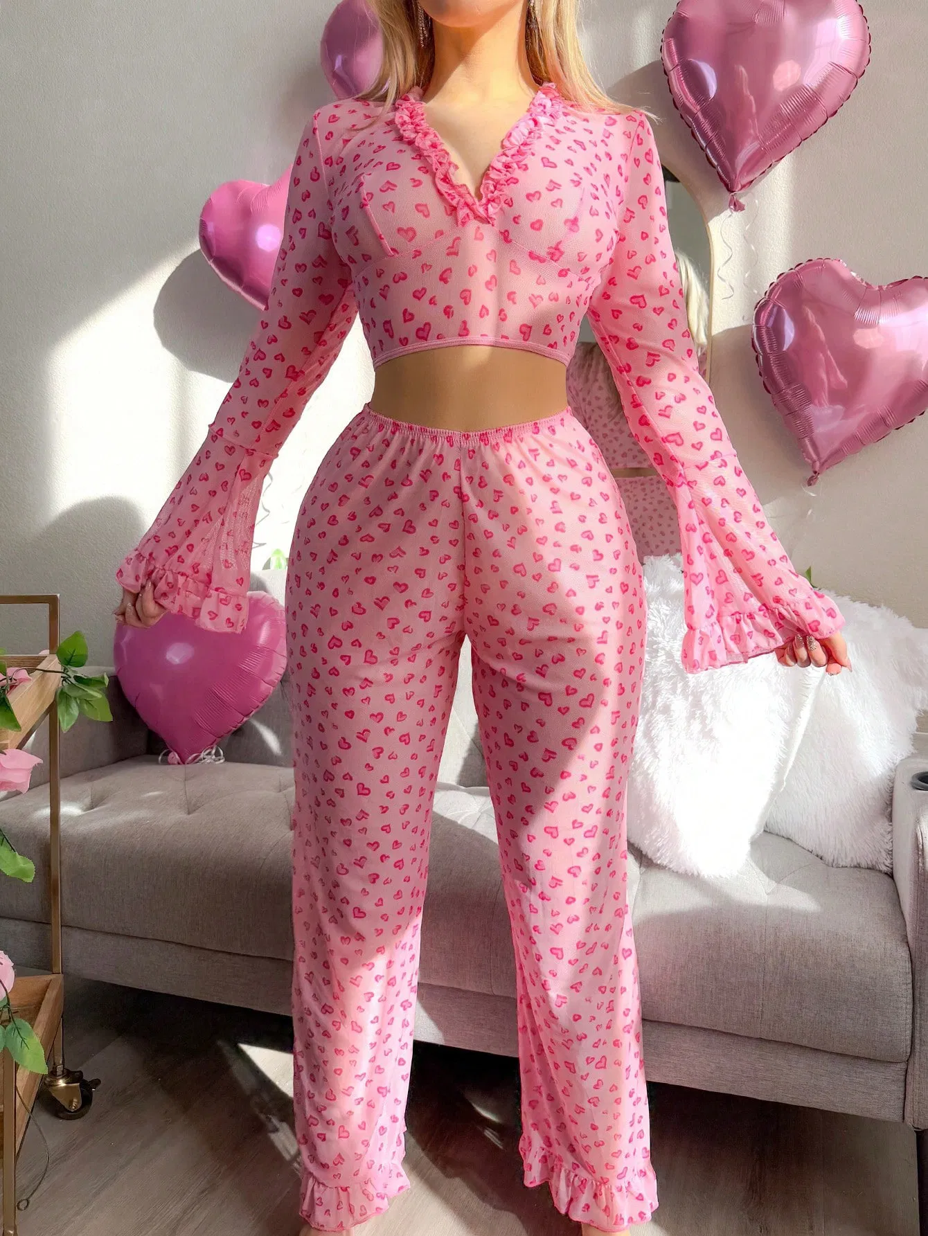 Hot Sell Erotic Long Sleeve Transparent Mesh Underwear Set Sexy Heart Print Women's Lingerie