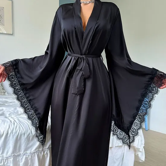 Wholesale Satin Lace Long Sleeved Women's Sleepwear Sexy High Quality Soft and Silky Robe
