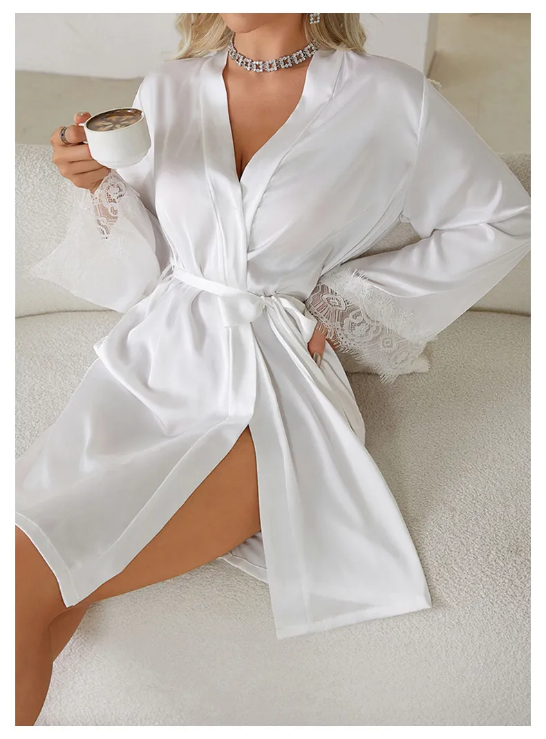 Sexy See-Through Polka DOT Mesh with Lace Sleepwear Nightwear Wholesale Women Satin Robe
