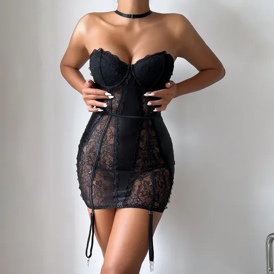 Wholesale See Through Mesh Strapless One Piece Underwear Set Sexy Lace Patchwork Lingerie