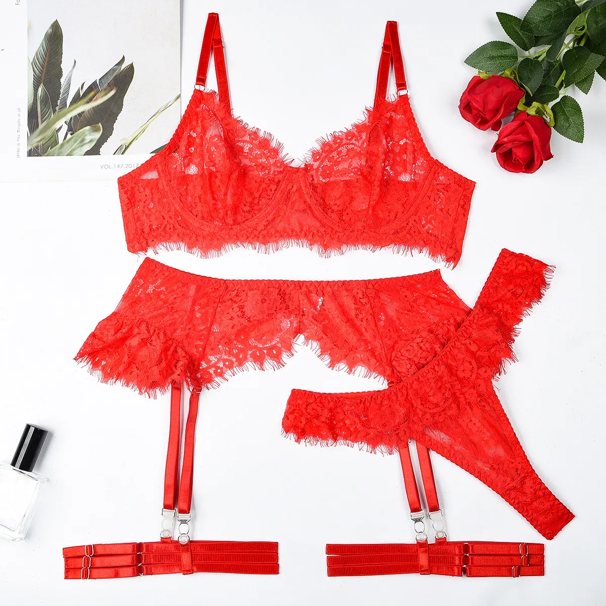 Sexy Transparent Lace Eyelash Woman Underwear Set Wholesale Embroidery Complex Lingerie