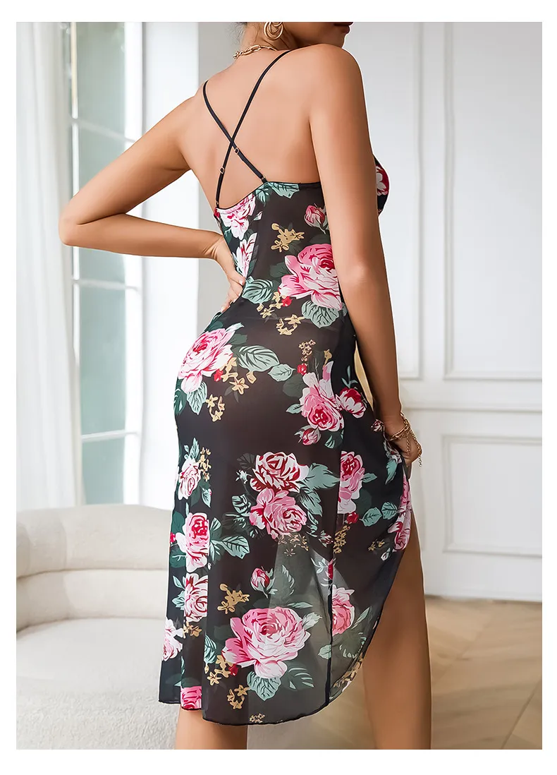 New Design See-Through Deep V Mesh Lace Nightwear Dress Sexy Suspender Woman Long Sleepwear