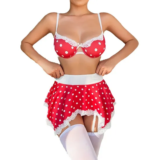 Hot Selling Polka DOT Mesh Short Skirt Bra Set Sexy Lace Decoration Woman Lingerie