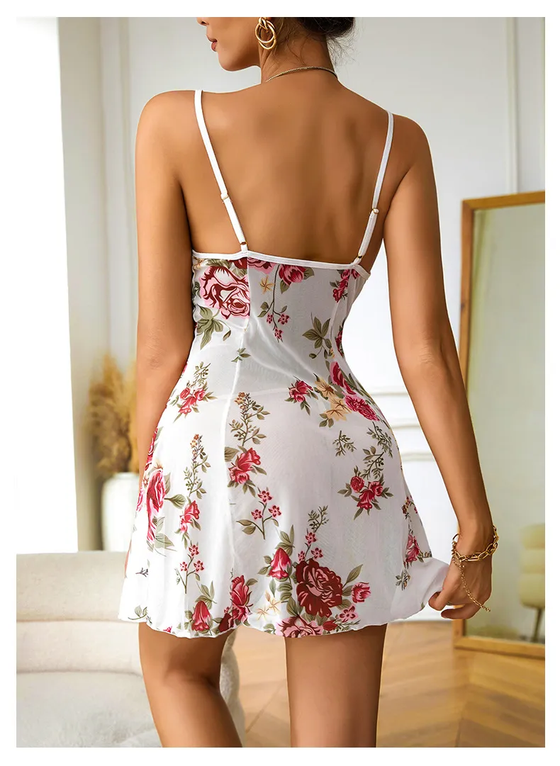 Sexy See-Through Mesh Suspender Dress Sleepwear New Floral Print with Lace Nightwear