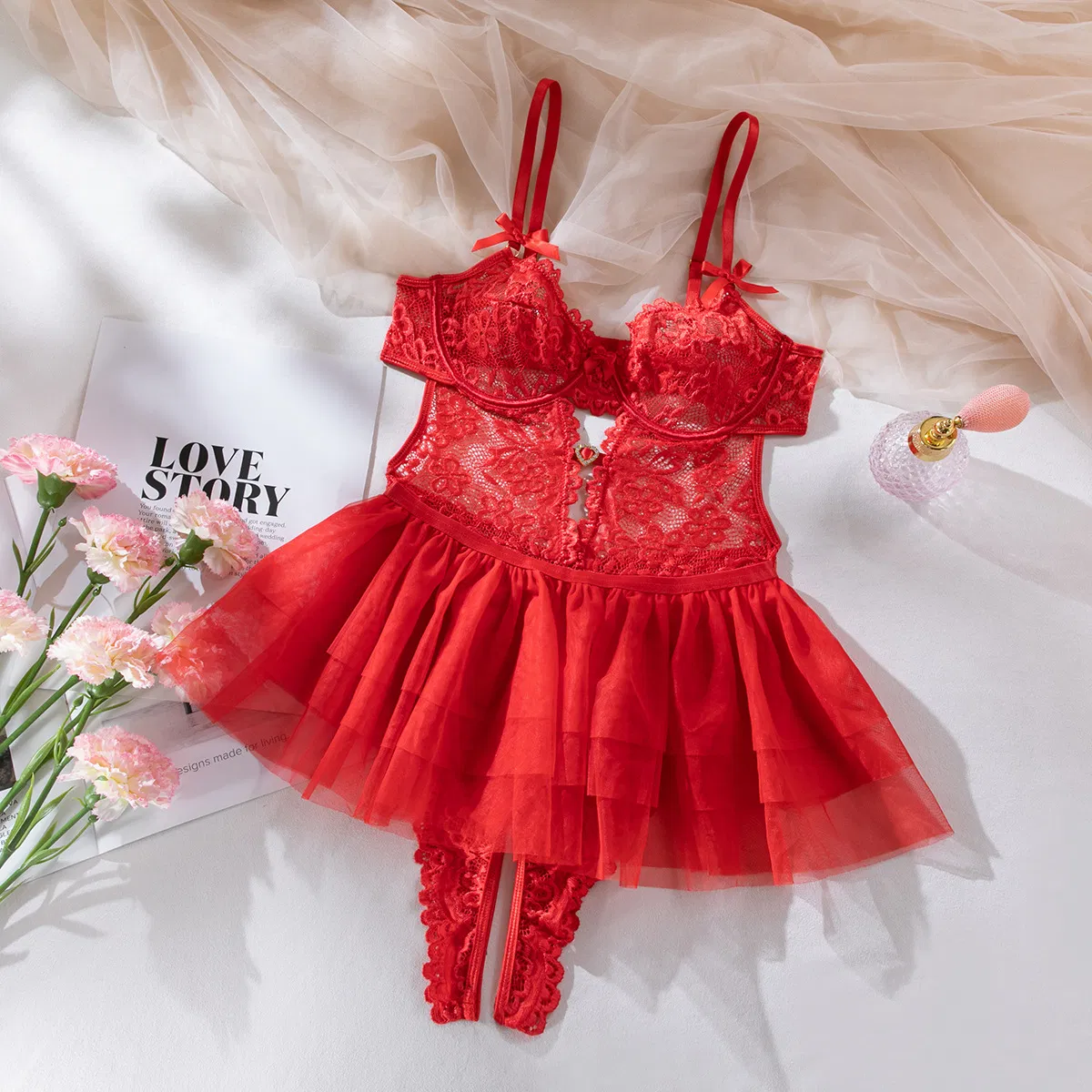 Wholesale Hollow out Underwear Set with Skirt Sexy Transparent Mesh Lingerie
