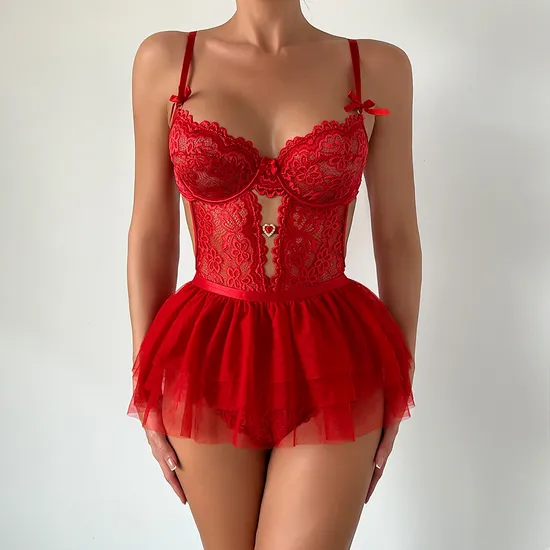 Wholesale Hollow out Underwear Set with Skirt Sexy Transparent Mesh Lingerie