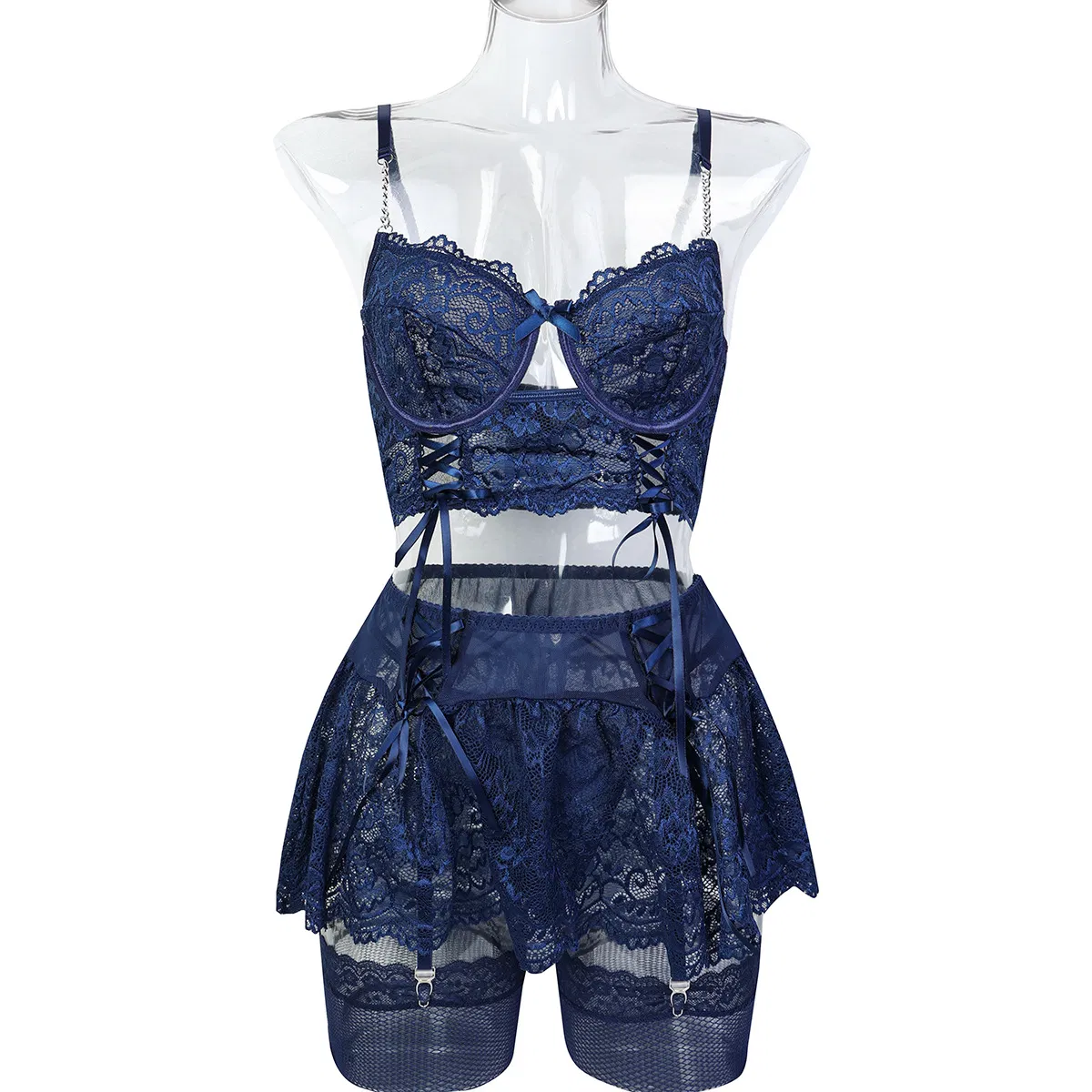 Sexy Embroidery Lace Hollow out Strap Cross Bra Set Wholesale Erotic Skirt Woman Lingerie