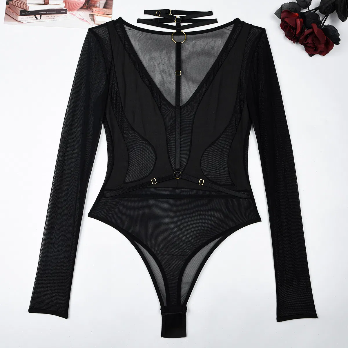 Wholesale Long Sleeved Transparent Mesh Woman Bra Set Sexy Thin Hanging V Neck Lingerie