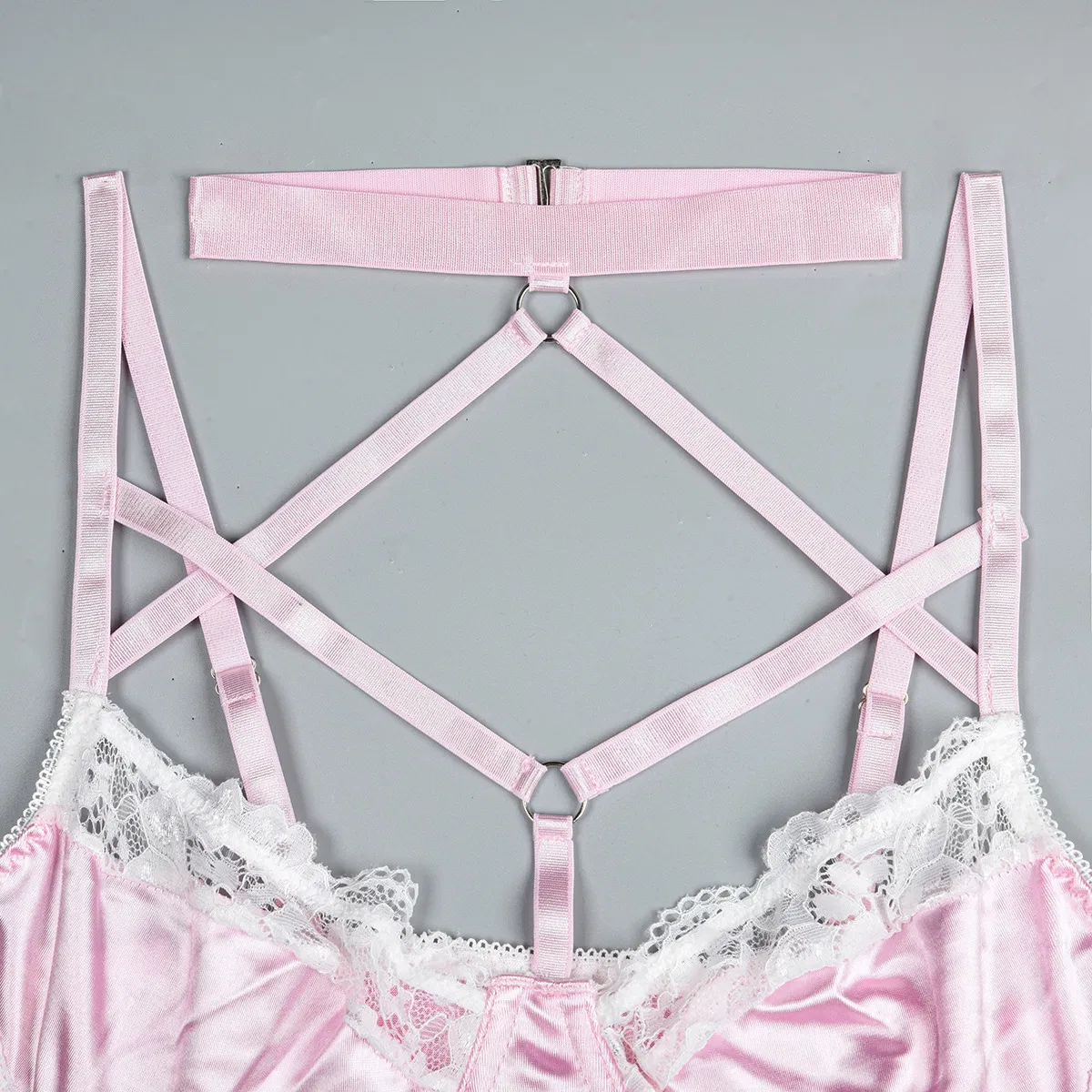 Sexy Neck Hanging Cross Strap Underwear Set Wholesale Pink Satin Women Lingerie