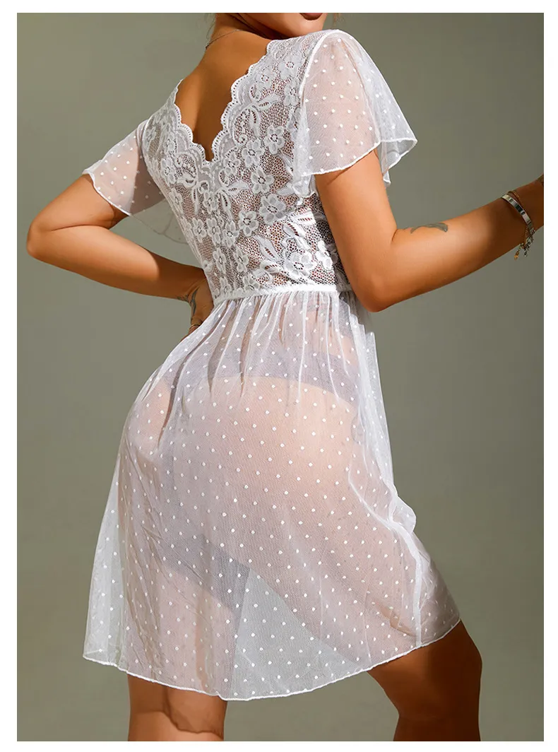New Solid Color Polka DOT Sleepwear Dress Sexy V-Neck Transparent Woman Nightwear