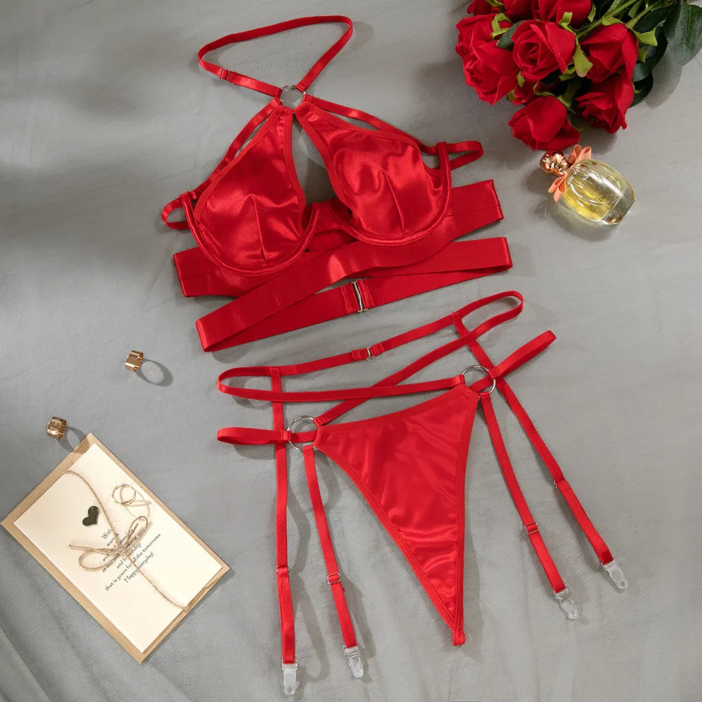 Wholesale Hollow out Woman Bra Panty Set Sexy Straps and Cross-Over Lingerie