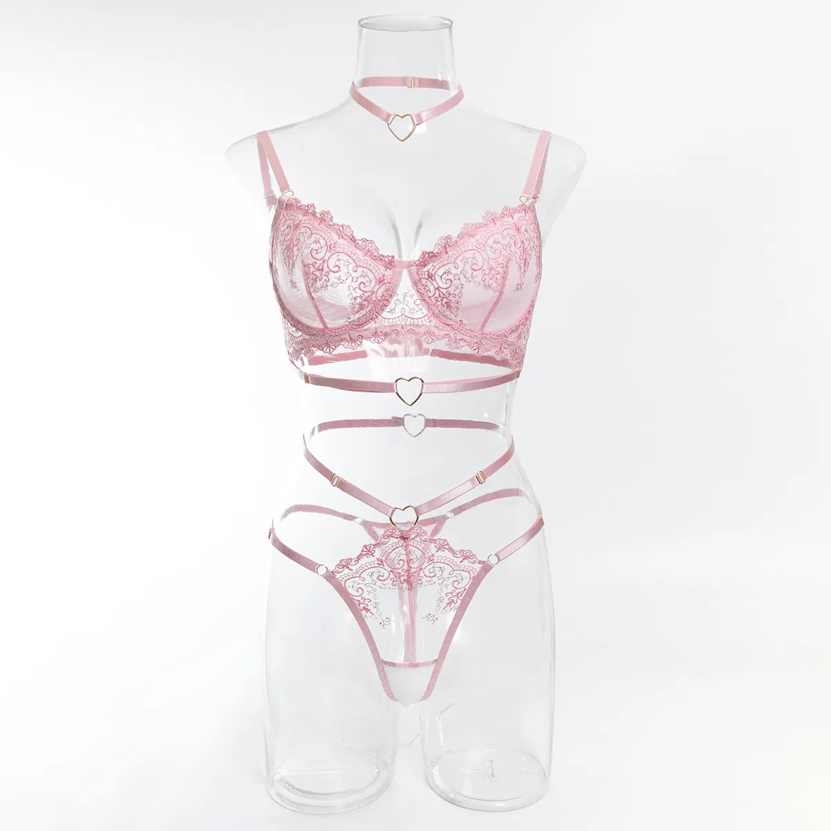 Hot Fashion Love Heart Halter Woman Bra Set Sexy See-Through Embroidered Lingerie