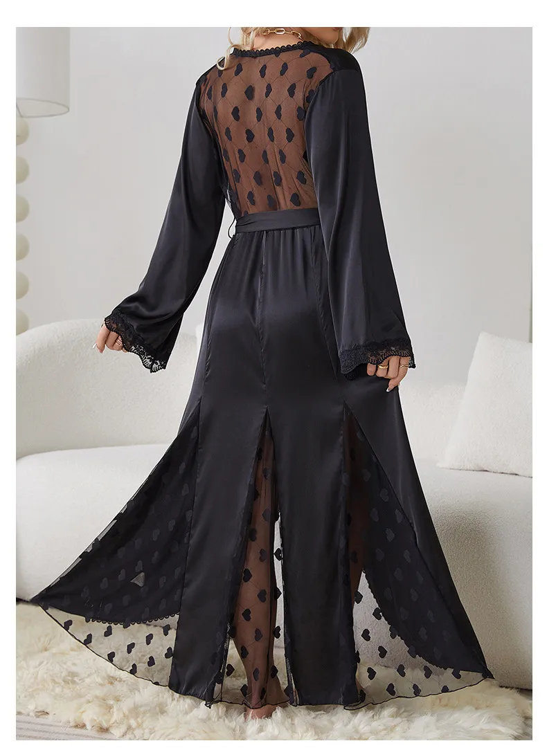 Wholesale Lace Satin Sleepwear Sexy Mesh Embroidery Patchwork Transparent Women's Robe