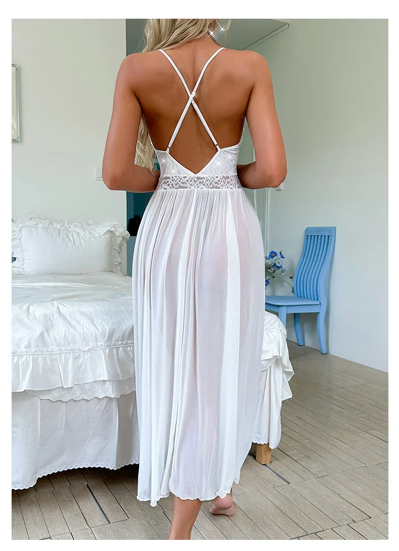 Sexy Erotic Transparent Woman Nightgown Dress Wholesale Solid Color Long Mesh Nightwear