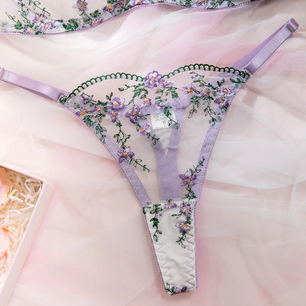 New Fashion Erotic Transparent Mesh Woman Underwear Set Sexy Floral Embroidered Lingerie