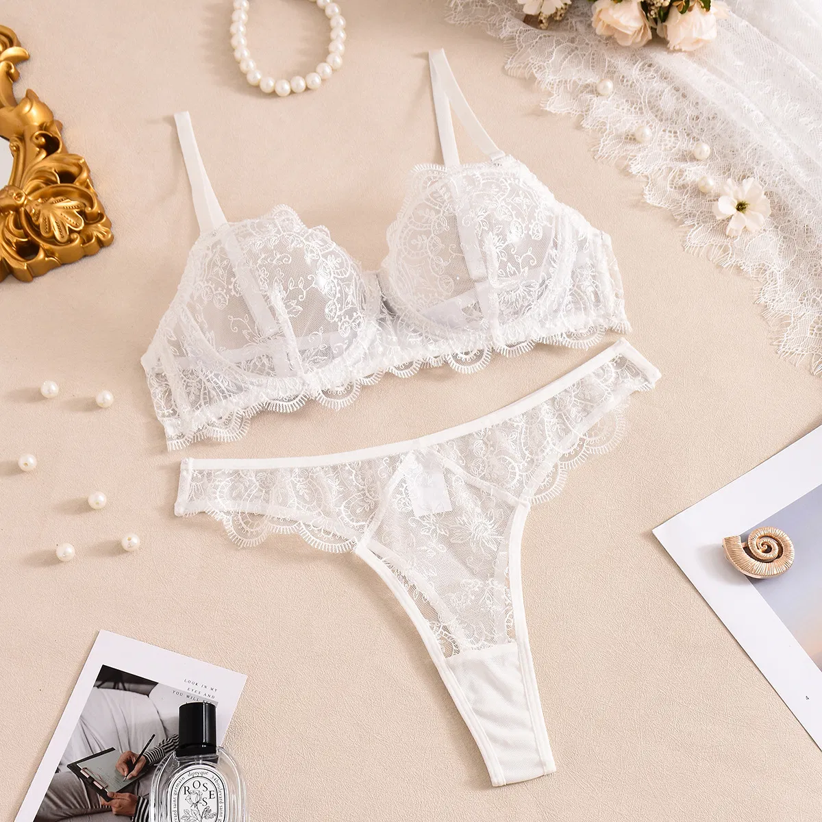 Wholesale Thin Solid Color Transparent Embroidered Lace Underwear Set Sexy Women's Lingerie