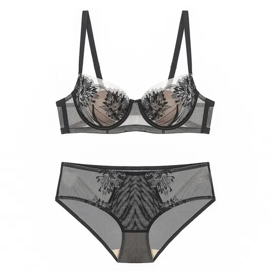 New Style French for Women Embroidery Lace Trim Ultra-Thin Soft Sexy Gathering Bra Set Breathable Underwear Lingerie