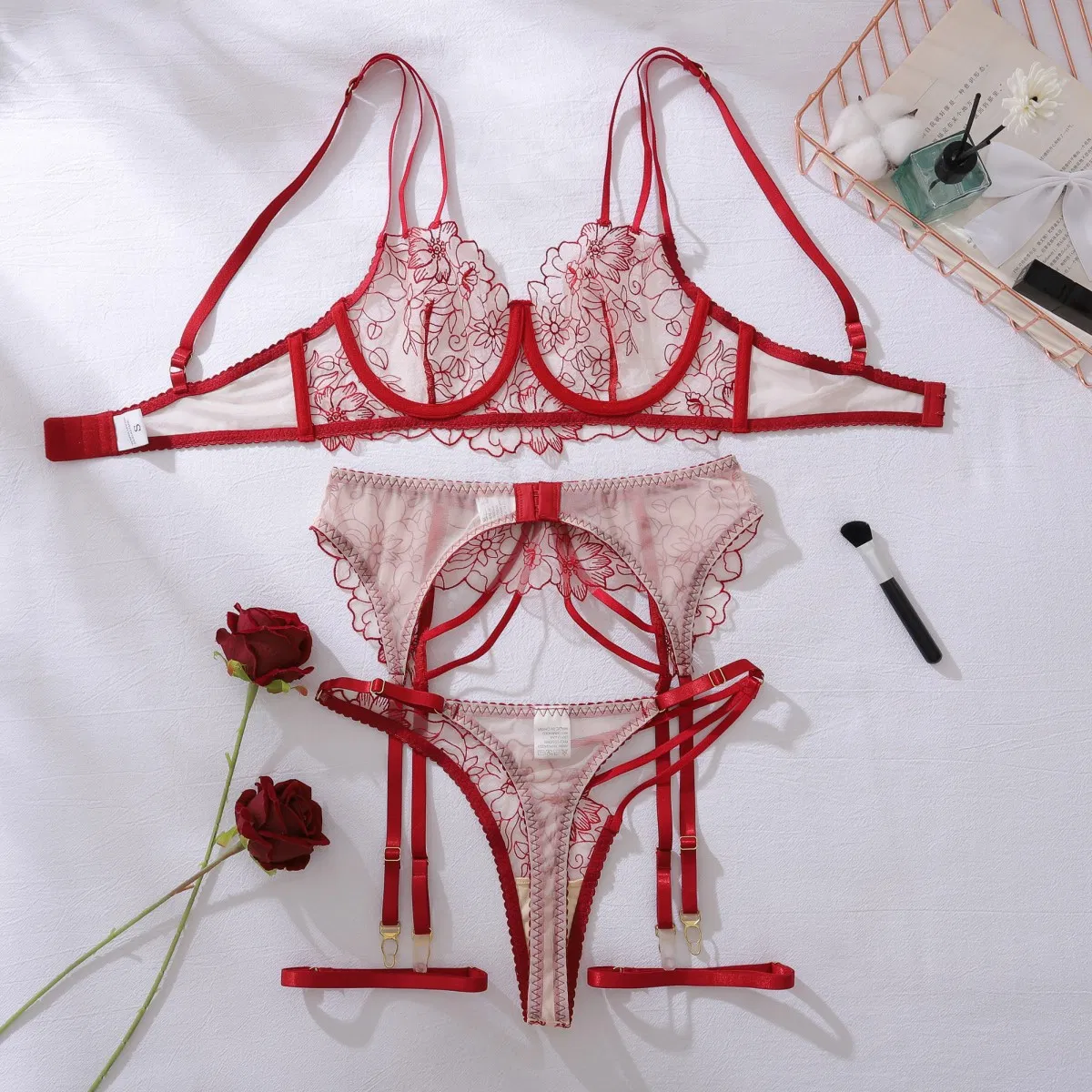 Sexy See-Through Mesh Women Bra Set Hot Selling V-Neck Embroidered Lace Lingerie