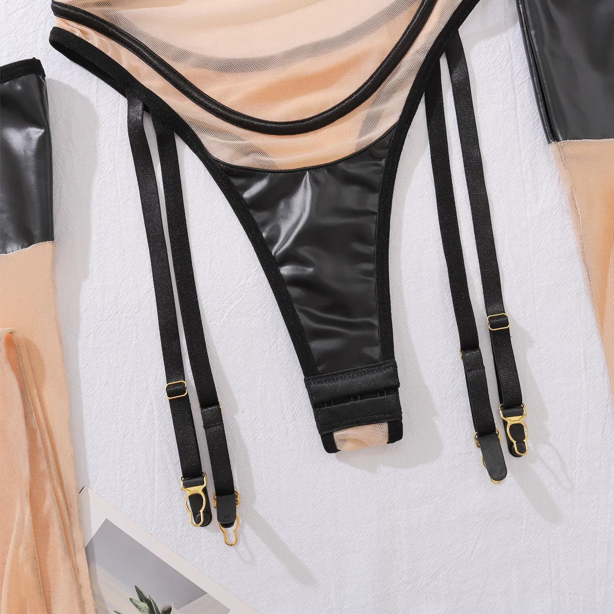 Sexy PU Leather Splicing Ultral-Thin One Piece Lingerie Set New Erotic See Through Bodysuit