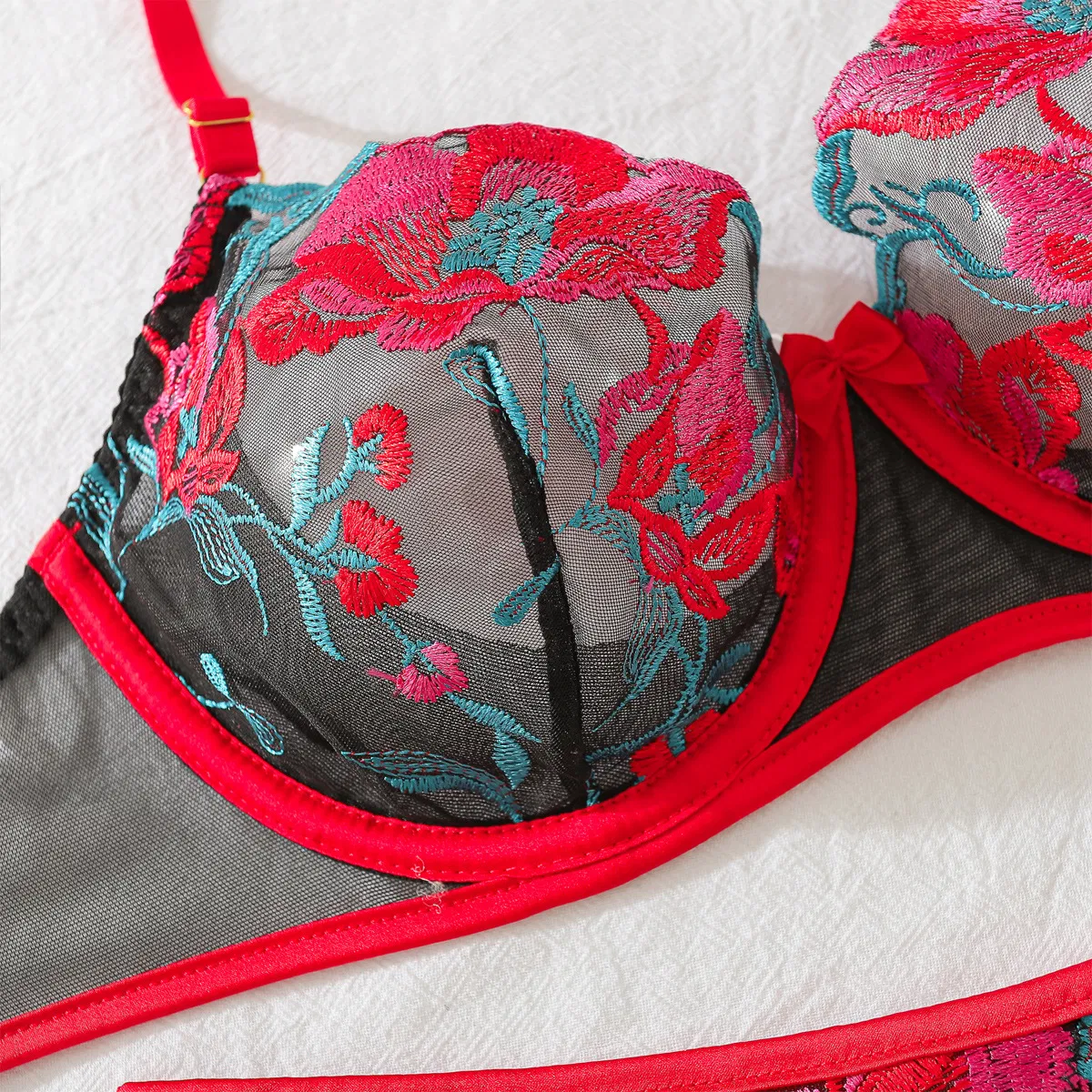 Sexy Contrasting Floral Embroidery Bra and Panty Set Wholesale See Through Woman Lingerie