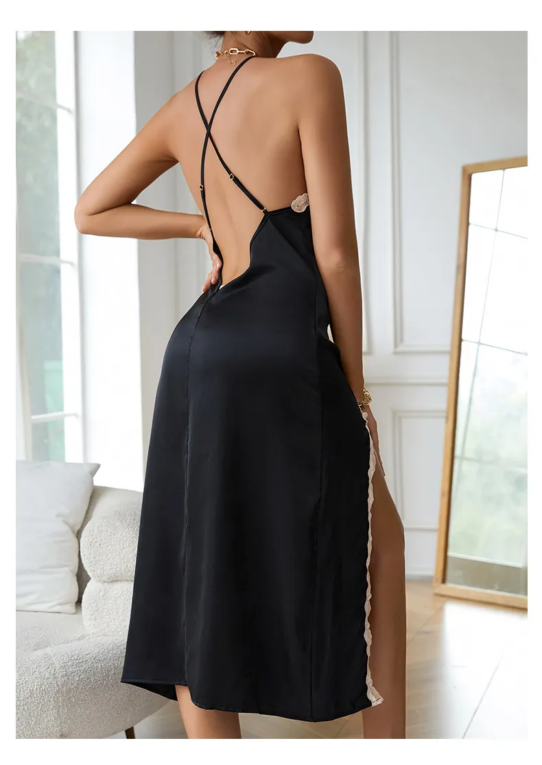 Sexy V-Neck Lace Long Dress Suspender Nightwear for Woman Hot Selling Satin Woman Sleepwear
