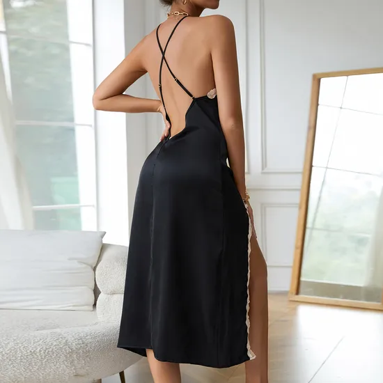 Sexy V-Neck Lace Long Dress Suspender Nightwear for Woman Hot Selling Satin Woman Sleepwear