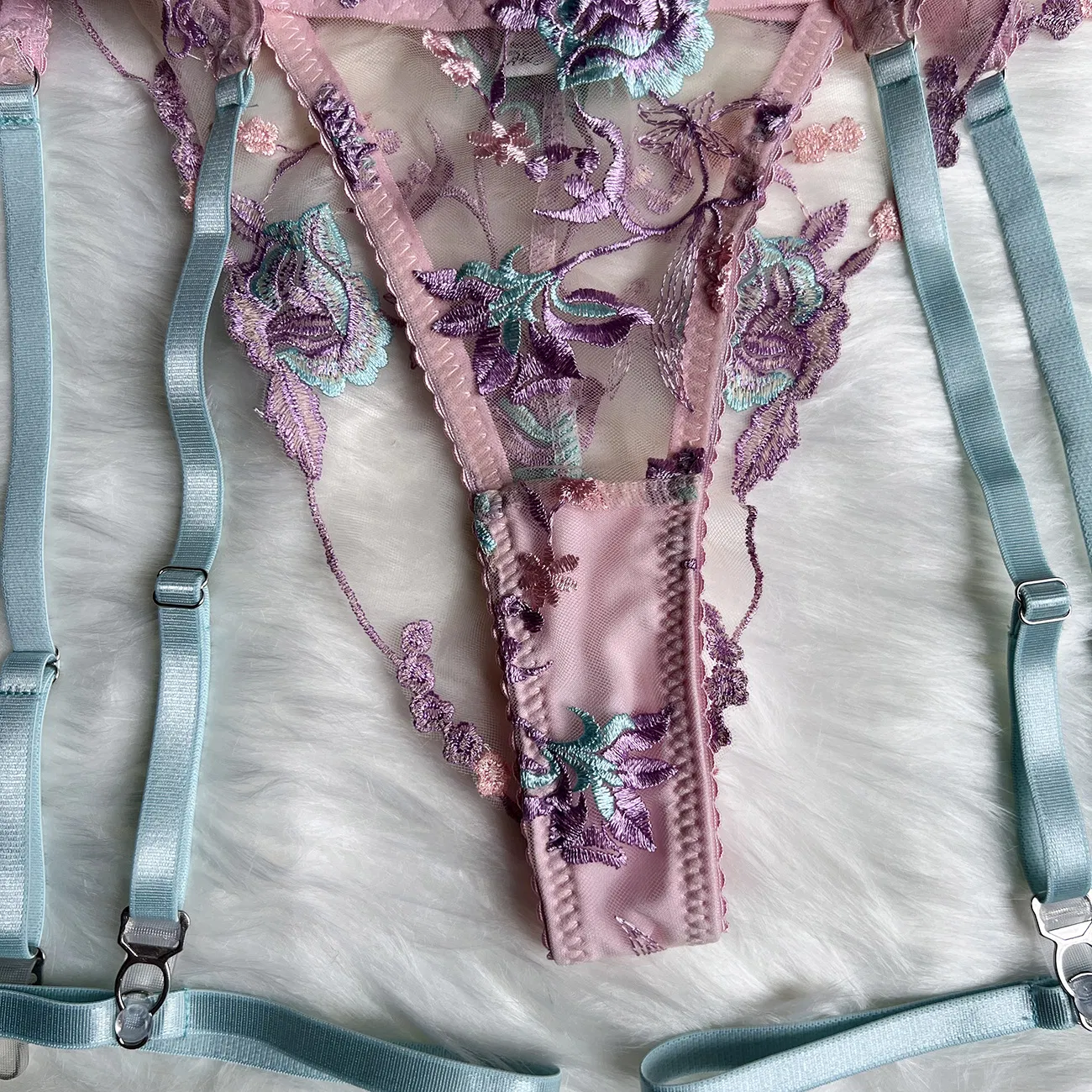 Wholesale Luxury See-Through Underwear Set for Woman Sexy Embroidery 4PCS Lingerie