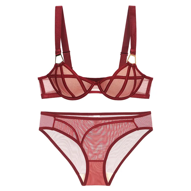 2025 Wholesale Mesh Gathering Ladies Breathable for Women Soft Bra Breathable Ultra-Thin Set Sexy Underwear Lingerie